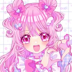 1girl :d blush bow bowtie commentary_request double_bun frills grid_background hair_bow hair_bun hair_ornament happy heart heart_hair_bun heart_hair_ornament heart_hands highres hiyoko_miya lolita_fashion long_hair looking_at_viewer nail_polish open_mouth original pink_bow pink_bowtie pink_eyes pink_hair pink_nails pink_theme portrait smile solo sparkling_eyes sweet_lolita two_side_up wing_hair_ornament yume_kawaii