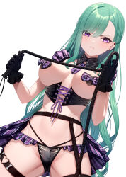  1girl belt black_gloves bow bowtie breasts bustier corset detached_collar earrings femdom gloves green_hair heart_pasties holding holding_whip jewelry large_breasts looking_at_viewer looking_down nikichiho nipple_tassels nipples_covered no_bra panties pasties plaid plaid_skirt purple_eyes skirt solo underwear virtual_youtuber vspo! whip white_background yakumo_beni  rating:Questionable score:28 user:shallim