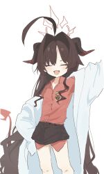  1girl absurdres ahoge black_hair black_horns black_shorts blue_archive blush closed_eyes coat demon_horns demon_tail facing_viewer fang flat_chest hair_intakes halo highres horns huge_ahoge kasumi_(blue_archive) lab_coat long_hair nemuri_oekaki open_mouth oversized_clothes red_shirt shirt shirt_tucked_in short_shorts shorts simple_background sketch sleeves_past_fingers sleeves_past_wrists solo tail very_long_hair white_background white_coat  rating:General score:4 user:danbooru