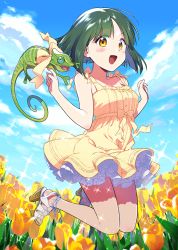  1girl animal bare_shoulders blue_sky blush bob_cut bow breasts chameleon collarbone day dress field flower flower_field frills green_hair gyoro jumping looking_at_viewer love_live! love_live!_school_idol_festival nature official_art open_mouth outdoors petticoat sandals shitara_fumi short_hair sky sleeveless sleeveless_dress smile solo sparkle yellow_dress yellow_eyes zekkyou_(h9s9) 