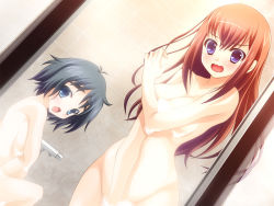2girls antenna_hair armpits bad_id bad_pixiv_id bath bathing bathroom black_hair blue_eyes blush breasts brown_hair cleavage collarbone colored_eyelashes completely_nude covering_breasts covering_crotch covering_privates cowboy_shot dutch_angle embarrassed emi_minarai eyebrows foam from_side groin hip_focus indoors knees_up long_hair looking_at_viewer looking_back makise_kurisu multiple_girls navel nude nude_cover open_mouth parted_bangs raised_eyebrows red_hair same-sex_bathing shared_bathing shiina_mayuri short_hair shower sideboob sidelocks sitting small_breasts soap_bubbles spread_legs standing steins;gate surprised thick_eyebrows tile_wall tiles wavy_mouth wide_hips rating:Questionable score:24 user:elemental_guy