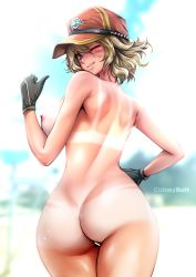 10s 1girl :p absurdres ass baseball_cap black_gloves blonde_hair breasts character_name cidney_aurum final_fantasy final_fantasy_xv from_behind gloves green_eyes hat highres huge_ass large_breasts looking_at_viewer looking_back nipples one_eye_closed short_hair sideboob smile solo souryu tan tanline tongue tongue_out wide_hips wink rating:Explicit score:161 user:chucky69
