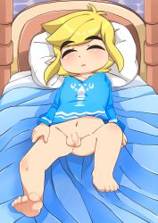 1boy absurdres anus arms_at_sides barefoot bed bed_frame bed_sheet blonde_hair blue_shirt blush bottomless closed_eyes collarbone eyebrows facing_viewer feet flaccid foreskin full_body head_on_pillow highres ko_kikanshi_rinku_(17912037) link long_sleeves lying male_focus navel nintendo on_back on_bed parted_lips penis pillow pointy_ears shiny_skin shirt short_hair short_hair_with_long_locks shota sidelocks sleeping solo solo_focus testicles the_legend_of_zelda the_legend_of_zelda:_the_wind_waker toes toon_link uncensored v-neck rating:Explicit score:54 user:ImWastingMyLife