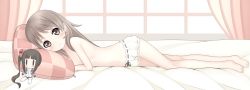  1girl absurdres ami_(ammy33) atelier_(series) atelier_meruru atelier_totori bare_shoulders bed bed_sheet bloomers blush female_focus flat_chest full_body grey_eyes grey_hair highres loli long_hair looking_at_viewer lying on_side pillow pink_curtains smile solo topless totooria_helmold toy underwear white_bloomers  rating:Questionable score:46 user:Sighplus10