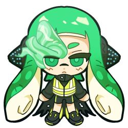  1girl agent_3_(splatoon) black_cape black_headphones cape green_eyes green_hair high-visibility_vest inkling inkling_girl inkling_player_character long_hair long_sleeves looking_at_viewer nintendo patchwork_clothes salmon_yeon_eo simple_background single_vertical_stripe solo splatoon_(series) splatoon_1 splatoon_2 splatoon_2:_octo_expansion squidbeak_splatoon suction_cups tentacle_hair vest white_background yellow_vest 