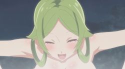  1girl animated animated_gif bare_shoulders bouncing_breasts breasts cleavage collarbone closed_eyes green_hair large_breasts megami-ryou_no_ryoubo-kun open_mouth screencap sidelocks solo towel wachi_mineru  rating:Questionable score:30 user:PuttHutt