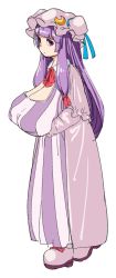  1girl :/ arms_under_breasts blunt_bangs breasts capelet cleavage crescent crescent_hat_ornament eyebrows_hidden_by_hair female_focus from_side full_body hat hat_ornament hiro_(h-net) huge_breasts long_hair looking_at_another looking_at_viewer mob_cap patchouli_knowledge purple_capelet purple_eyes purple_hair sagging_breasts sideways_glance simple_background solo standing striped touhou vertical_stripes very_long_hair white_background  rating:Questionable score:37 user:danbooru