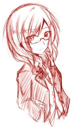  10s 1girl bad_id bad_pixiv_id bespectacled blazer bow bowtie frown fumie glasses hand_in_pocket jacket looking_at_viewer love_live! love_live!_school_idol_project monochrome nishikino_maki school_uniform sketch solo 
