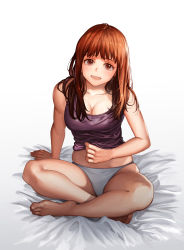 1girl :d arm_behind_back arm_support bad_id bad_pixiv_id bare_arms bare_shoulders barefoot bed_sheet blush breasts brown_eyes brown_hair cleavage clothes_lift collarbone eyebrows eyelashes feet fingernails highres indian_style lapucelle_(arasoo1210) lifting_own_clothes long_hair looking_at_viewer medium_breasts open_mouth original panties purple_shirt shirt shirt_lift simple_background sitting smile solo straight_hair tank_top toes underwear white_background white_panties rating:Sensitive score:20 user:danbooru