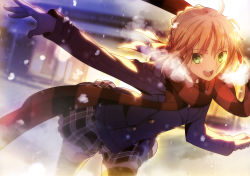  1girl :d absurdres ahoge artoria_pendragon_(all) artoria_pendragon_(fate) bent_over black_thighhighs blonde_hair braid breath coat contemporary fate/stay_night fate_(series) french_braid gloves green_eyes highres newtype official_art open_mouth plaid plaid_skirt red_scarf saber_(fate) scan scarf skirt smile solo striped_clothes striped_scarf takeuchi_takashi thighhighs zettai_ryouiki  rating:General score:62 user:spiderfan