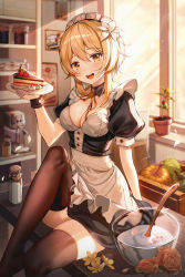 1girl :d absurdres alternate_costume apron bad_id bad_pixiv_id black_dress blonde_hair blurry bowl breasts brown_thighhighs cake cake_slice cleavage depth_of_field detached_collar dress enmaided flower food frilled_dress frills genshin_impact hair_flower hair_ornament harusame_(user_wawj5773) highres holding knee_up looking_at_viewer lumine_(genshin_impact) maid maid_apron maid_headdress medium_breasts open_mouth orange_eyes plate short_hair short_sleeves sitting smile solo thighhighs waist_apron zettai_ryouiki rating:Sensitive score:52 user:danbooru