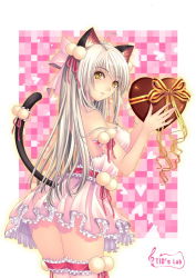  1girl animal_ears bad_id bad_pixiv_id cat_ears cat_tail frilled_thighhighs frills gift hair_ribbon heart holding holding_gift long_hair ribbon solo tail tail_ornament tail_ribbon thighhighs tidsean valentine yellow_eyes  rating:Sensitive score:24 user:danbooru