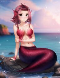  1girl artist_name blush breasts brown_eyes closed_mouth commission forehead gigamessy gloves highres izayoi_aki large_breasts medium_hair mermaid monster_girl monsterification navel ocean parted_bangs red_hair rock scales sitting solo water watermark yu-gi-oh! yu-gi-oh!_5d&#039;s 
