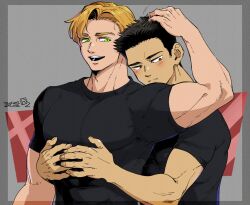  2boys :d alternate_costume ao_isami bara black_hair blonde_hair blush couple facial_hair green_eyes hand_on_another&#039;s_head hug hug_from_behind lageins large_pectorals lewis_smith male_focus multiple_boys open_mouth pectorals shirt sideburns_stubble smile stubble t-shirt thick_eyebrows toned toned_male upper_body yaoi yuuki_bakuhatsu_bang_bravern 