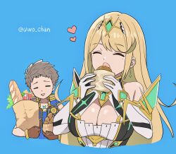  1boy 1girl :d :o bag baguette bare_shoulders blonde_hair blue_background blue_jacket blue_shirt bread breasts brown_gloves cleavage closed_eyes commentary_request cropped_torso croquette dress eating elbow_gloves food gloves headpiece heart highres holding holding_bag holding_food jacket large_breasts long_hair mythra_(xenoblade) open_clothes open_jacket open_mouth paper_bag rex_(xenoblade) shirt simple_background sleeveless sleeveless_jacket smile twitter_username upper_body uwo_chan very_long_hair white_dress white_gloves xenoblade_chronicles_(series) xenoblade_chronicles_2 