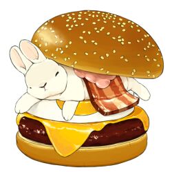  animal_focus bacon burger cheese closed_mouth commentary food food_focus fried_egg full_body heads_together lilac_(p-f_easy) looking_at_viewer meat no_humans original rabbit simple_background sleeping solid_oval_eyes tsukimi_burger white_background white_fur 