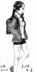  1girl backpack bag breasts cleavage greyscale hair_over_shoulder hands_in_pockets hood hoodie legs long_hair looking_at_viewer monochrome open_mouth original shoes shorts sneakers solo tennmahero twintails very_long_hair 