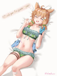  1girl animal_print arknights bandaid bandaid_on_knee bandaid_on_leg bikini blonde_hair blue_gloves blush bow bra breasts closed_eyes commentary_request frilled_bikini frilled_bra frilled_panties frills gloves green_bikini green_bow green_bra green_panties hair_bow hair_ornament hakamaboooots hands_on_another&#039;s_stomach hands_up highres infection_monitor_(arknights) knees_together_feet_apart knees_up kroos_(arknights) laughing long_hair lying midriff navel on_back open_mouth panties rabbit_hair_ornament rabbit_print single_glove small_breasts smile solo_focus swimsuit tears thigh_strap thighs tickling tickling_sides underwear underwear_only wristband 