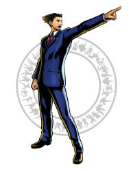 1boy absurdres black_hair capcom formal full_body ace_attorney highres male_focus marvel marvel_vs._capcom marvel_vs._capcom_3 mori_toshiaki phoenix_wright necktie objection official_art pointing solo suit white_background rating:Sensitive score:5 user:danbooru