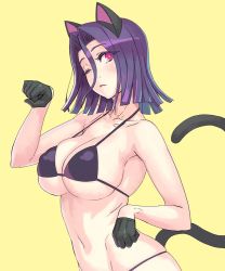 10s 1girl animal_ears bikini breasts cat_ears cat_tail cleavage gloves kantai_collection large_breasts looking_at_viewer navel one_eye_closed paw_pose pink_eyes purple_eyes purple_hair short_hair simple_background solo swimsuit tail tatsuta_(kancolle) upper_body yellow_background yuuji_(and) rating:Questionable score:34 user:danbooru