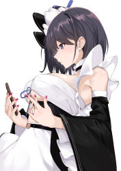  1girl absurdres apron azur_lane bare_shoulders black_bow black_dress blue_eyes blush bow breasts clothing_cutout commentary_request detached_sleeves dress from_side hair_bow hakkaman119 hands_up highres liverpool_(azur_lane) looking_at_phone medium_breasts medium_hair midriff nail_polish parted_lips phone purple_hair purple_nails solo stomach_cutout underboob upper_body waist_apron white_apron wide_sleeves 