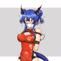  1girl absurdres arknights arms_behind_back bare_shoulders blue_hair blush breasts ch&#039;en_(ageless_afterglow)_(arknights) ch&#039;en_(arknights) cleavage cleavage_cutout cloth_gag clothing_cutout commentary double_bun dragon_horns dragon_tail dress gag gagged hair_bun highres horns improvised_gag large_breasts leila2015 long_hair looking_at_viewer official_alternate_costume over_the_mouth_gag red_dress red_eyes rope sleeveless sleeveless_dress solo tail twintails upper_body 