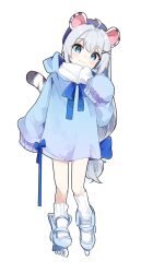  1girl :3 ahoge animal_ears arm_at_side blue_bow blue_eyes blue_hat blue_ribbon blue_sweater bow character_request closed_mouth copyright_request full_body grey_eyes grey_hair hair_between_eyes hair_bow hair_ornament hand_up hat head_tilt hood hood_down hooded_sweater light_blush long_hair long_sleeves looking_at_viewer low-tied_long_hair mer_(mer3in) ribbon roller_skates scarf simple_background skates sleeves_past_fingers sleeves_past_wrists smile socks solo standing sweater tail virtual_youtuber white_background white_scarf white_socks wide_sleeves x_hair_ornament 
