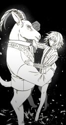  1boy animal ascot black_background dancing demon dungeon_meshi elf formal goat goat_(dungeon_meshi) grey_eyes grey_hair greyscale hand_on_another&#039;s_shoulder hand_on_another&#039;s_waist high_collar highres holding_hands horns kabe_piko long_sleeves looking_at_another male_focus mithrun monochrome pointy_ears shirt short_hair suit waltz_(dance) 