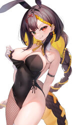  1girl absurdres animal_ears arm_strap bare_shoulders black_hair blonde_hair bow bowtie braid breasts cameltoe cleavage cleft_of_venus covered_navel daiiichukiii detached_collar ear_ornament earrings eois_ezypsis fake_animal_ears fishnet_thighhighs fishnets gloves grin groin heterochromia highres jewelry large_breasts leotard long_hair looking_at_viewer multicolored_hair noa_talent pasties playboy_bunny rabbit_ears red_eyes simple_background smile snake_tail solo tail thighhighs twintails two-tone_hair very_long_hair virtual_youtuber white_background white_gloves yellow_eyes  rating:Questionable score:6 user:danbooru