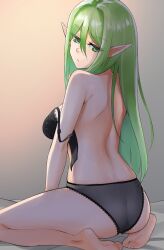  1girl absurdres arm_support ass back bag bare_arms bare_legs bare_shoulders barefoot black_bra black_panties blush bra breasts butt_crack closed_mouth commentary_request commission dungeon_ni_deai_wo_motomeru_no_wa_machigatteiru_darou_ka elf expressionless from_behind full_body gradient_background green_eyes green_hair grey_background hair_between_eyes highres lace lace-trimmed_bra lace-trimmed_panties lace_trim large_breasts long_hair looking_at_viewer looking_back median_furrow panties parted_lips pixiv_commission pointy_ears riveria_ljos_alf sanso_(oxygen) shoulder_bag sideboob sidelocks simple_background sitting soles solo strap_slip thighs underwear underwear_only very_long_hair wariza 
