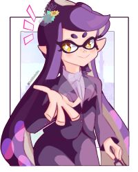  1girl absurdres black_suit border bow-shaped_hair bright_pupils callie_(splatoon) closed_mouth commentary english_commentary eyelashes formal highres hoshinokotta inkling long_hair nintendo notice_lines outside_border pointy_ears purple_hair reaching reaching_towards_viewer see-through_bowtie short_eyebrows smile solo splatoon_(series) splatoon_3 star-shaped_pupils star_(symbol) suit symbol-shaped_pupils tentacle_hair thick_eyebrows very_long_hair white_border white_pupils yellow_eyes 