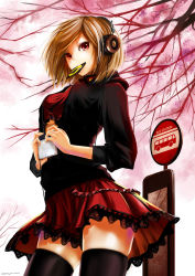  1girl black_shirt black_thighhighs blush bra breasts brown_hair bus_stop cd_case cd_player cherry_blossoms from_below headphones highres holding large_breasts long_sleeves looking_at_viewer maisaki medium_hair meiko_(vocaloid) miniskirt mouth_hold open_clothes open_shirt red_bra red_eyes red_skirt shirt short_hair skirt smile source_request thighhighs tree underwear vocaloid 