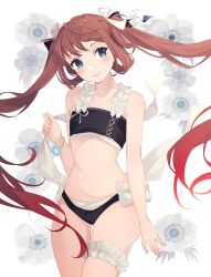  1girl asagumo_(kancolle) bare_arms bare_legs bare_shoulders bikini black_bikini blush breasts brown_hair closed_mouth collarbone cowboy_shot grey_eyes highres kantai_collection long_hair navel shakemi_(sake_mgmgmg) small_breasts smile solo swimsuit twintails white_background 