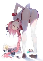  1boy ass astolfo_(fate) bag bent_over bow braid come_hither damda fate/apocrypha fate/grand_order fate_(series) from_behind grin hair_bow long_hair looking_at_viewer miniskirt multicolored_hair panties pink_hair purple_eyes school_uniform shiny_skin single_braid skirt smile solo thighhighs trap two-tone_hair underwear white_hair  rating:Questionable score:200 user:armorcrystal