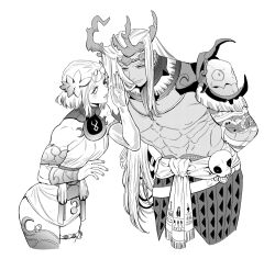  07newb_pochip 1boy 1girl abs ancient_greek_clothes antlers arm_behind_back arm_tattoo armor bara black_sclera colored_sclera cowboy_shot crescent dark-skinned_male dark_skin eye_contact gorget greco-roman_clothes hades_(series) hades_2 horns laurel_crown leaning_forward long_hair looking_at_another melinoe_(hades) mismatched_sclera monochrome moros_(hades) muscular muscular_male pauldrons sash see-through_body shoulder_armor simple_background single_vambrace skull tattoo vambraces whispering white_background 