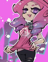  1girl :d clothes_pull cross-shaped_pupils eyebrow_cut fang highres koike3582 long_hair looking_at_viewer nintendo octoling octoling_girl octoling_player_character open_mouth outline pink_hair pink_pupils pink_shirt pulled_by_self purple_eyes shirt shirt_pull smile solo splatoon_(series) suction_cups symbol-shaped_pupils tentacle_hair twitter_username white_outline 