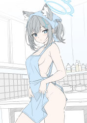  1girl alternate_costume animal_ear_fluff animal_ears apron bare_arms bare_shoulders blue_archive blue_eyes blue_halo blush breasts closed_mouth commentary cowboy_shot cross cross_hair_ornament extra_ears grey_hair hair_ornament halo head_scarf highres indoors inverted_cross kitchen looking_at_viewer masabodo medium_breasts mismatched_pupils naked_apron shiroko_(blue_archive) short_ponytail sketch_background solo standing thighs upper_body wolf_ears wolf_girl 