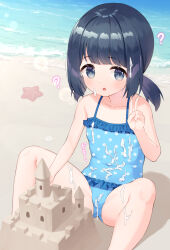  1girl ? after_ejaculation beach black_hair blue_eyes blue_one-piece_swimsuit bukkake cameltoe casual_one-piece_swimsuit covered_navel cum cum_on_body cum_on_clothes cum_on_hair facial highres loli looking_at_viewer low_twintails makigai makino_yume ocean one-piece_swimsuit open_mouth original outdoors polka_dot polka_dot_swimsuit sand_castle sand_sculpture short_hair short_twintails sitting solo spread_legs starfish swimsuit thighs twintails v 