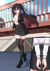  1girl absurdres bdsm black_hair black_jacket black_skirt bound bound_arms bound_wrists breasts brown_eyes brown_hair chain collarbone colored_inner_hair cuffs elbow_cuffs handcuffs highres indie_virtual_youtuber jacket kenen_tanabata loafers long_hair medium_breasts multicolored_hair naked_jacket nipple_clamps nipples outdoors projected_inset sex_toy shoes side_ponytail skirt solo thighhighs topless two-tone_hair vibrator vibrator_in_thighhighs walking 
