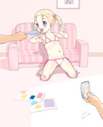 1girl 2boys bare_arms bare_shoulders bikini blonde_hair blue_eyes blush book camera cellphone couch double_v feet fingernails flat_chest food full_body gluteal_fold hair_bobbles hair_ornament highres holding holding_phone ice_cream kneeling loli male_hand midriff multiple_boys nanjou_asuka navel open_mouth original phone popsicle revision sexually_suggestive smartphone solo_focus sweat swimsuit teeth toenails tongue tongue_out twintails v rating:Questionable score:67 user:Domestic_Importer