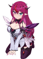  1girl a-tamin asymmetrical_wings bare_shoulders blue_eyes bow breasts breasts_squeezed_together cleavage closed_mouth collarbone crystal_wings detached_collar detached_sleeves detached_wings diamond-shaped_pupils diamond_(shape) dress dress_flower earrings flower from_above full_body hair_between_eyes halo heterochromia highres hololive hololive_english horns irys_(hololive) irys_(irys_2.0)_(hololive) jewelry lace lace-trimmed_dress lace_trim leaning_forward light_blush long_hair long_sleeves looking_ahead mismatched_wings multicolored_hair pink_nails pleated_skirt pointy_ears purple_eyes purple_hair red_hair sidelocks simple_background skirt smile solo street_fighter symbol-shaped_pupils thighhighs v_arms virtual_youtuber white_background white_dress wings zettai_ryouiki 