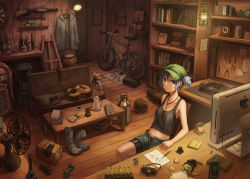  1girl ammunition apple_inc. backpack bad_id bad_pixiv_id bag ball barrel baseball_cap basketball basketball_(object) belt bicycle bike_shorts bike_shorts_under_shorts black_shirt blue_eyes blue_hair book bookbag bookmark bookshelf boots bottle box breasts briefcase bulletin_board camera canteen cellphone clock clothes_hanger coffee coffee_mug coffee_pot compass computer couch crate cup cupboard cushion dartboard diary dumbbell easel electric_fan energy_drink female_focus gloves guitar gun hair_bobbles hair_ornament hat headphones headphones_removed heater imac indoors inkwell instrument jacket jewelry jukebox_(music) kawashiro_nitori key keyboard_(computer) kurione_(zassou) lab_coat lamp lantern looking_at_viewer matching_hair/eyes medium_breasts midriff monster_energy mug navel necklace newspaper open_clothes open_fly open_shorts paper pen phone phonograph pliers pocket_watch pouch quill rifle sack screwdriver shelf shirt short_hair short_shorts short_twintails shorts shotgun sitting smartphone solo stove table tank_top teacup teapot toolbox touhou twintails two_side_up undershirt unworn_backpack unworn_bag unworn_belt unworn_boots unworn_gloves unworn_jacket unzipped watch weapon wooden_floor wrench  rating:Sensitive score:42 user:danbooru