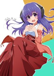  1girl 2020 blush copyright_name dated fingers_together hands_clasped hanyuu highres higurashi_no_naku_koro_ni horns japanese_clothes long_hair looking_at_viewer miko official_style open_mouth own_hands_together purple_eyes purple_hair simple_background smile solo tsuji643163271  rating:Safe score:4 user:danbooru