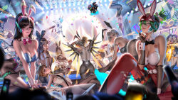  6+girls adapted_costume all_fours ana_(overwatch) android animal_ears ashe_(overwatch) ass breasts brigitte_(overwatch) cleavage collarbone commentary confetti d.va_(overwatch) dark-skinned_female dark_skin echo_(overwatch) english_commentary fake_animal_ears fake_tail floating highres junker_queen_(overwatch) kiriko_(overwatch) leotard liang_xing looking_at_viewer mei_(overwatch) mercy_(overwatch) moira_(overwatch) mother_and_daughter multiple_girls orisa_(overwatch) overwatch overwatch_1 overwatch_2 pharah_(overwatch) playboy_bunny robot snowball_(overwatch) sojourn_(overwatch) sombra_(overwatch) stage suspenders symmetra_(overwatch) tail tracer_(overwatch) widowmaker_(overwatch) wrecking_ball_(overwatch) yuri zarya_(overwatch) 