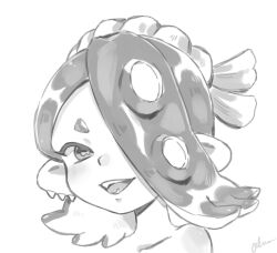  1girl :d artist_name asymmetrical_hair bare_shoulders cephalopod_eyes collarbone commentary_request earrings fangs hair_over_one_eye highres horizontal_pupils jewelry long_hair monochrome multiple_earrings nintendo octoling open_mouth plum0o0 portrait shiver_(splatoon) short_eyebrows signature simple_background smile solo splatoon_(series) splatoon_3 suction_cups teeth tentacle_hair tooth_earrings white_background 