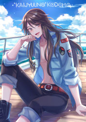  1boy :d anglade_(kaijuu_no_kodomo) arm_support belt bishounen black_footwear black_pants blue_jacket blue_sky boat boots brown_eyes brown_hair character_name clenched_hand cloud cloudy_sky collared_jacket commentary copyright_name cross-laced_footwear day hair_between_eyes highres jacket kaijuu_no_kodomo knee_up long_hair looking_at_viewer male_focus navel ocean open_clothes open_jacket open_mouth pants shadow sitting sky smile solo suzaku_(zaku6584) watercraft 