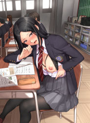 1other 2girls 3boys bag benimura_karu black_bra black_hair black_jacket black_legwear blush bookbag bra bra_pull breast_pocket breasts brown_footwear chair chalkboard classroom cleavage clothes_pull collared_shirt covered_erect_nipples cupless_bra day desk exhibitionism eyebrows eyelashes faceless faceless_female flashing forehead grey_skirt hair_ornament hairclip hallway handbag indoors jacket lace lace-trimmed_bra lace_trim lips long_hair long_sleeves looking_at_viewer mechanical_pencil medium_breasts miniskirt multiple_boys multiple_girls necktie nipples one_breast_out open_mouth original pantyhose paper parted_bangs partially_unbuttoned pencil pencil_case pleated_skirt pocket pov public_indecency purple_eyes red_neckwear school school_uniform shelf shirt shoes sitting skindentation skirt sliding_doors solo_focus straight_hair striped_neckwear sunlight sweatdrop textbook thighhighs tsurime underwear uniform white_shirt window wooden_floor rating:Questionable score:281 user:danbooru