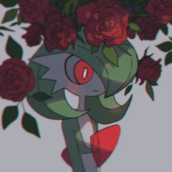  bob_cut colored_skin creatures_(company) flower game_freak gardevoir gen_3_pokemon green_hair grey_background hair_over_one_eye inoue_(fydns7) multicolored_skin nintendo pink_eyes pokemon pokemon_(creature) red_flower red_rose rose serious simple_background two-tone_skin upper_body white_skin 