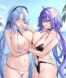  2girls alsace_(azur_lane) alsace_(heat_beating_summer_sacrament)_(azur_lane) azur_lane between_breasts bikini black_choker black_one-piece_swimsuit black_ribbon blue_eyes blue_hair blue_sky blunt_bangs blush breast_press breast_strap breasts chinese_commentary choker clothing_cutout cloud collarbone commentary_request cowboy_shot day detached_collar flower gemini_(feng) grabbing grabbing_another&#039;s_breast hair_flower hair_ornament hair_over_one_eye hair_ribbon highres huge_breasts large_breasts long_hair looking_at_another mogador_(azur_lane) mogador_(locker_room_lechery)_(azur_lane) mole mole_on_breast multi-strapped_bikini_bottom multiple_girls navel navel_cutout necktie necktie_between_breasts official_alternate_costume one-piece_swimsuit open_mouth outdoors palm_leaf parted_bangs parted_hair purple_eyes purple_flower purple_hair ribbon ribbon_between_breasts sidelocks sky smile standing stomach strap_between_breasts swimsuit symmetrical_docking very_long_hair white_bikini white_flower yuri  rating:Sensitive score:12 user:danbooru