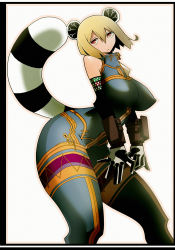 1009 1girl animal_ears araiguma-san blonde_hair bodysuit borrowed_character breasts cosplay elbow_gloves covered_erect_nipples final_fantasy final_fantasy_tactics gloves impossible_clothes large_breasts long_legs monk_(fft) original raccoon_ears raccoon_tail red_eyes short_hair skin_tight solo tail thick_thighs thighs vambraces rating:Sensitive score:31 user:danbooru